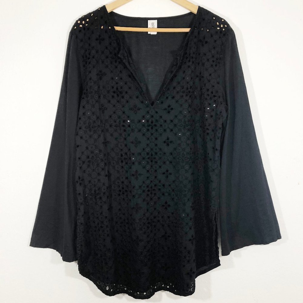 BADGLEY MISCHKA Black Eyelet Embroidered Sequin Tunic Cover Up L